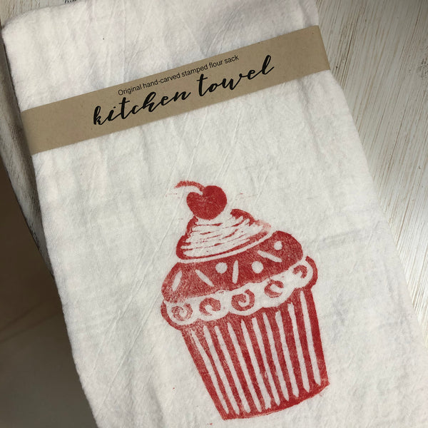 Cupcake Stamped Flour Sack Kitchen Towel