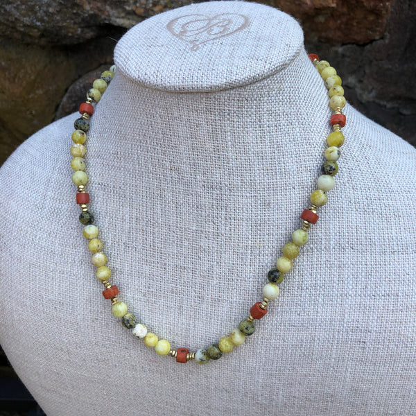Yellow Turquoise and African Bauxite Pipestone Bead Necklace