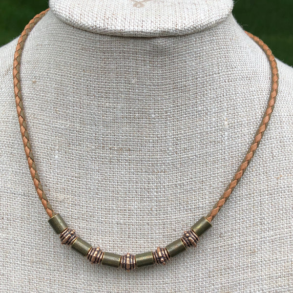 Vegan Bronze Tube Necklace with Blue Lapis Charm