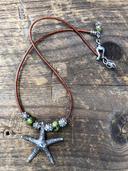 Starfish Pendant Necklace with Yellow Jade