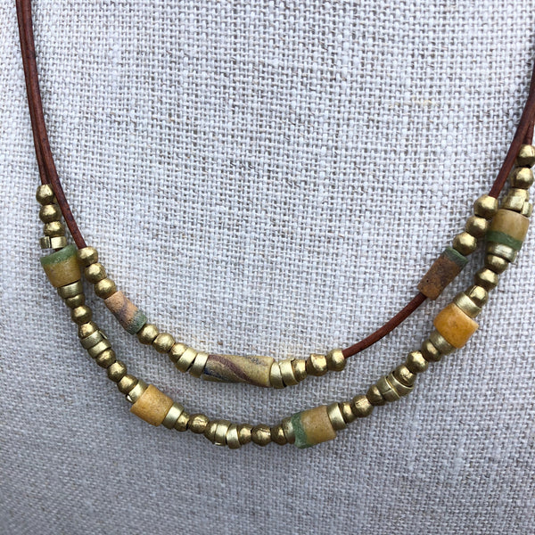 Double Strand African Sandstone Trade Bead Necklace on Leather