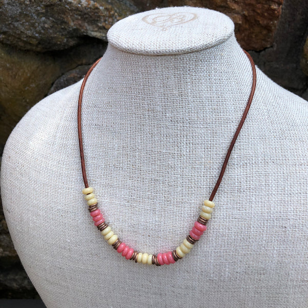 Vintage Pink and Cream Zusura Bead Necklace on Leather