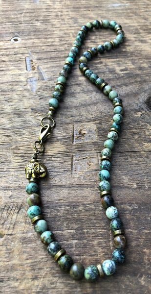 African Turquoise Bronze Necklace with Antique Gold Elephant