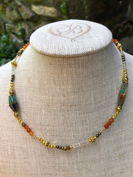 Tibetan Bead Necklace with Carnelian & Quartz