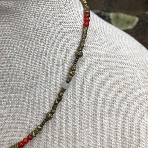 Bronze Necklace with Red Agate and Moonstone