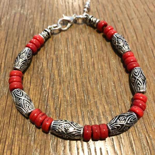 Vintage Ghanaian Red Roller Bead Bracelet on Leather