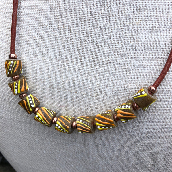 Krobo Tribal Bead Necklace on Leather