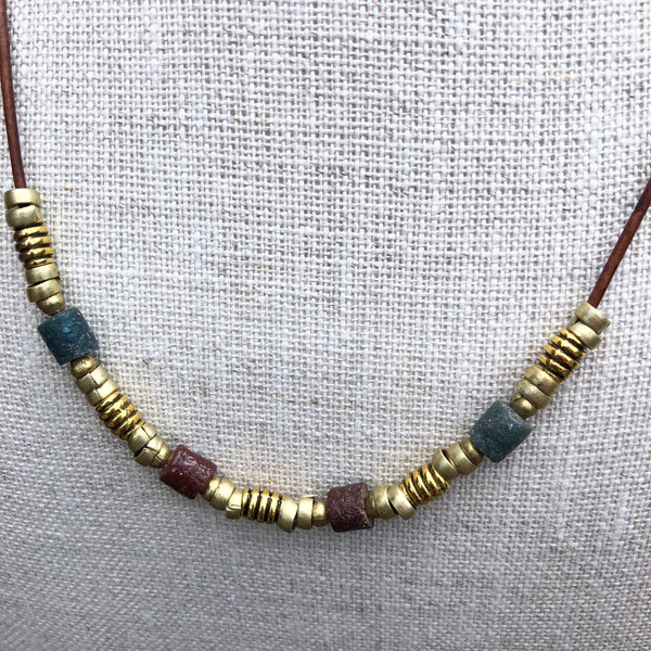 Single Strand Antique African Sandstone Trade Bead Necklace on Leather