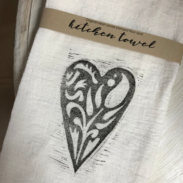Heart Stamped Flour Sack Kitchen Towel