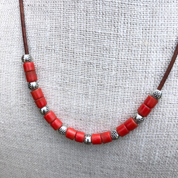 Vintage 1950's Red Prosser Trade Bead Necklace on Leather