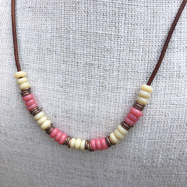 Vintage Pink and Cream Zusura Bead Necklace on Leather