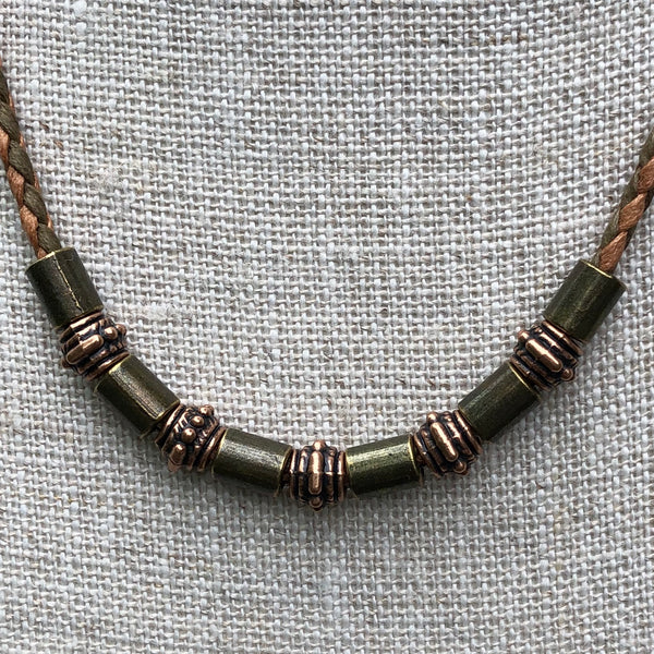 Vegan Bronze Tube Necklace with Blue Lapis Charm