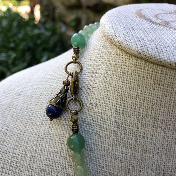 Green Aventurine Necklace in Bronze with Lapis Charm