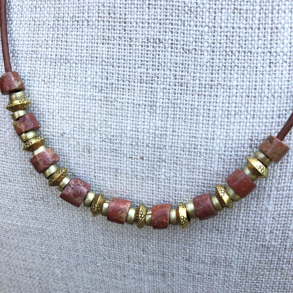 Antique African Bauxite Pipestone Trade Bead Necklace on Leather