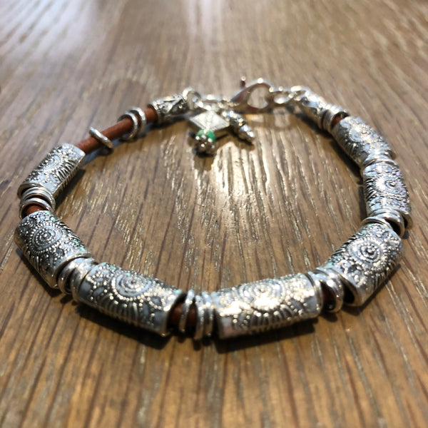 Antique Silver Aztec Sunflower Bead Bracelet on Leather