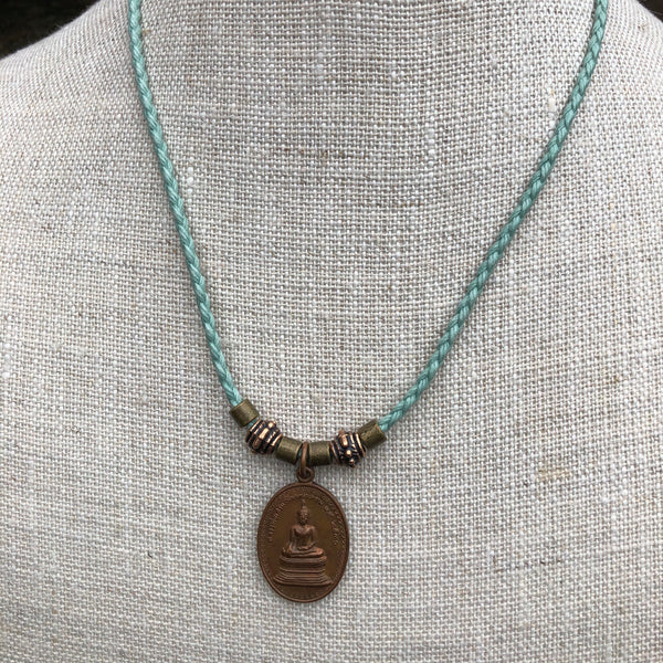 Copper and Bronze Necklace with Sky Blue Cord