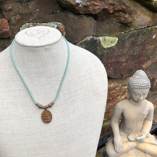 Copper and Bronze Necklace with Sky Blue Cord
