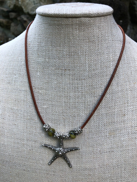Starfish Pendant Necklace with Yellow Jade