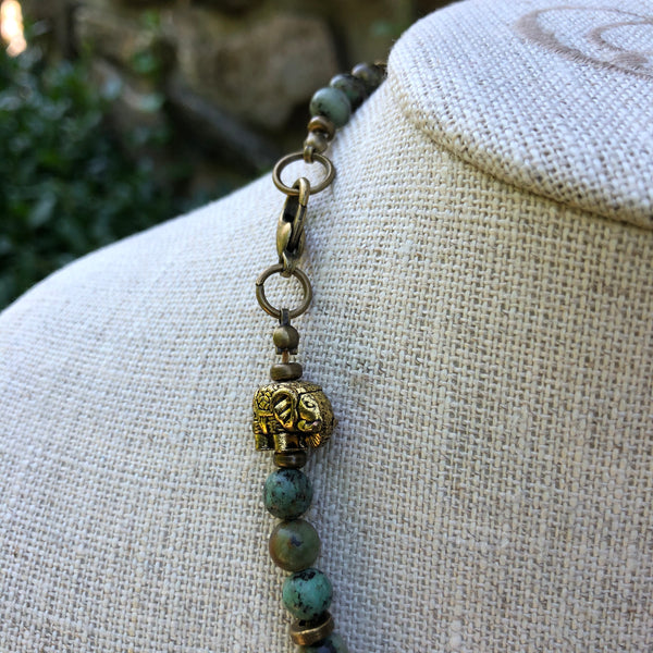 African Turquoise Bronze Necklace with Antique Gold Elephant