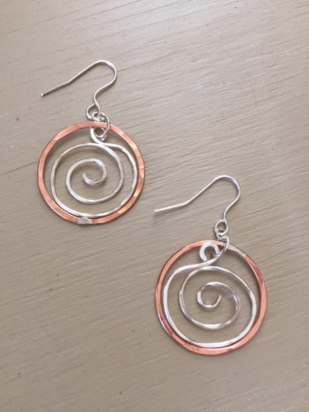 Hammered Copper Hoops with Silver Plate Spirals