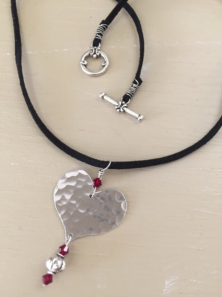 Silver Heart Necklace with Red Crystal Bead
