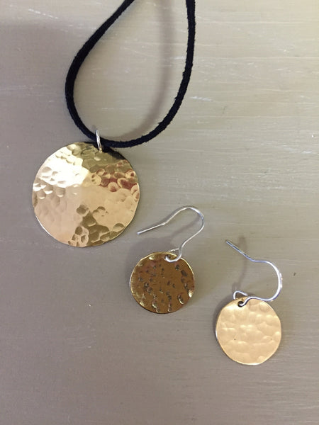 Hammered Brass Circle Earring and Necklace Set